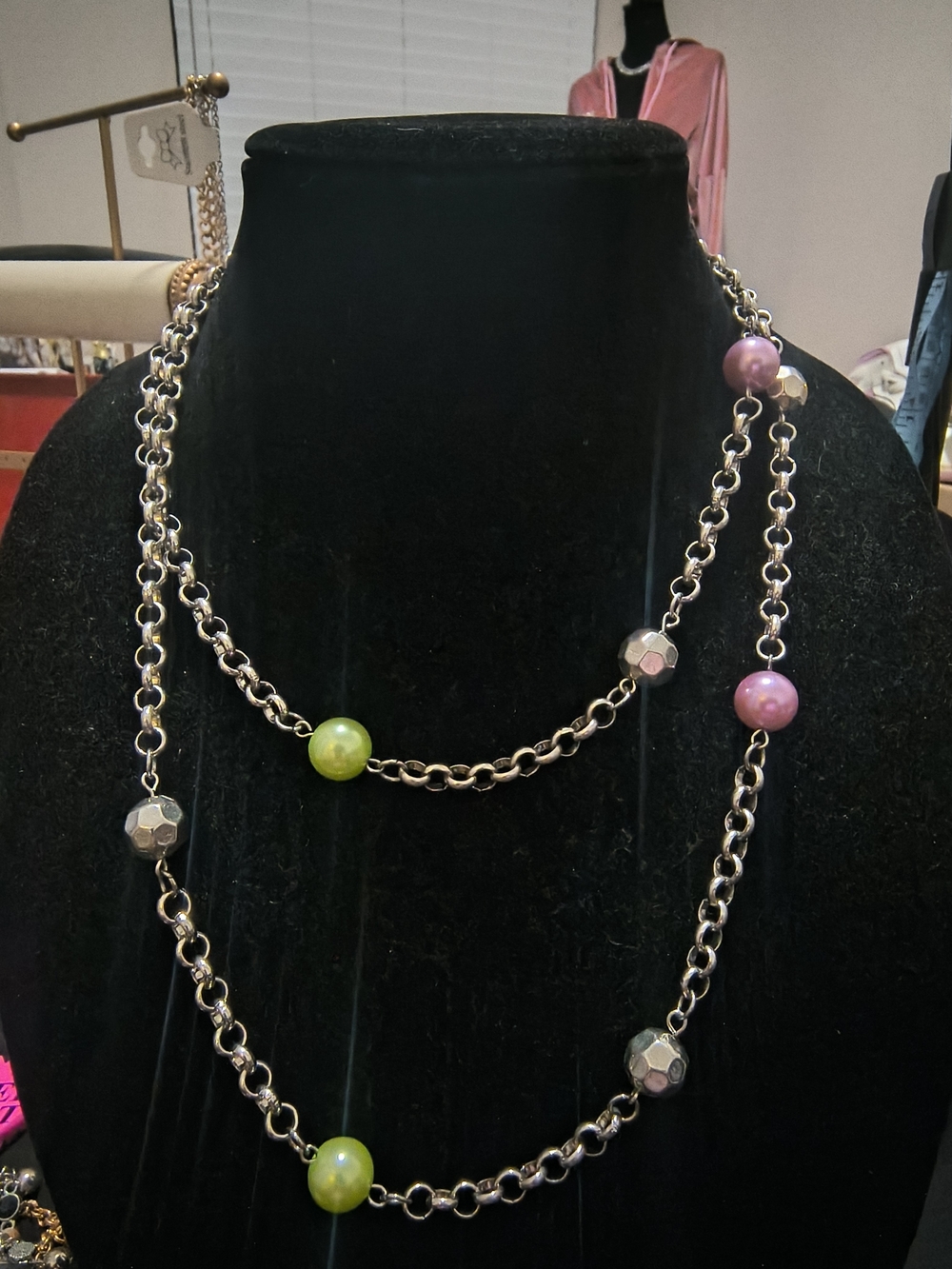 Multi-Strand Silver Chain Necklace with Pink and Lime Beads